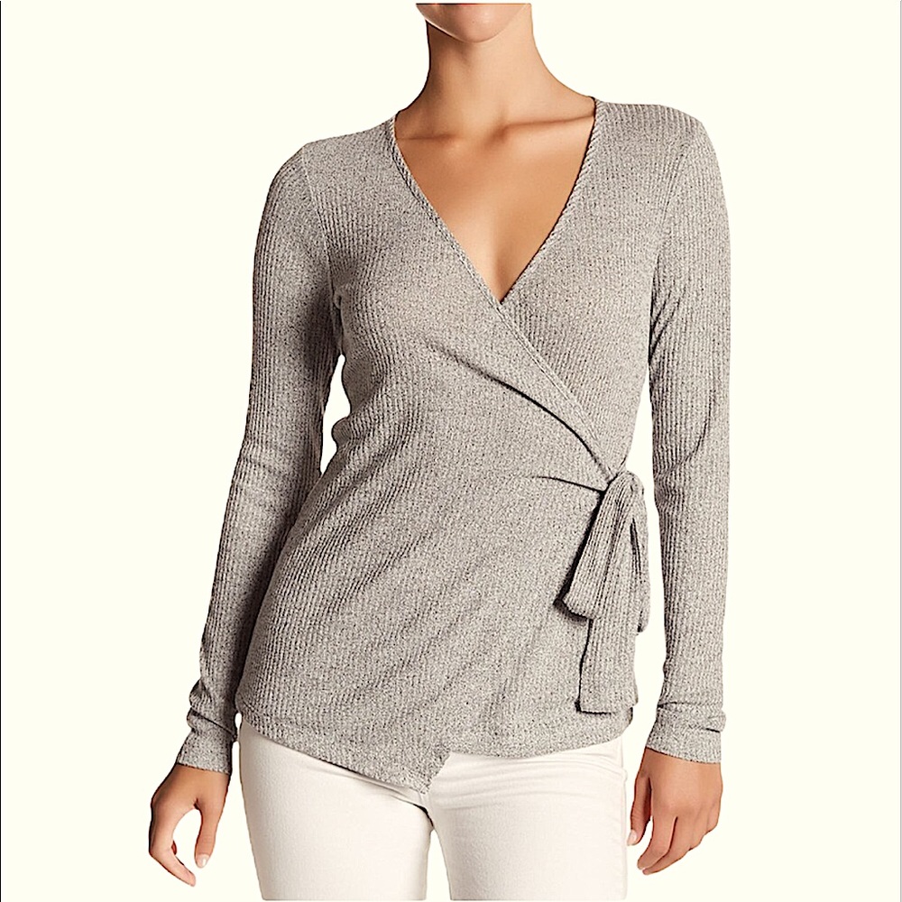 NWOT Bobeau Faux Wrap Ribbed Plunge V-neck Long Sleeve Stretch Blouse Top Shirt